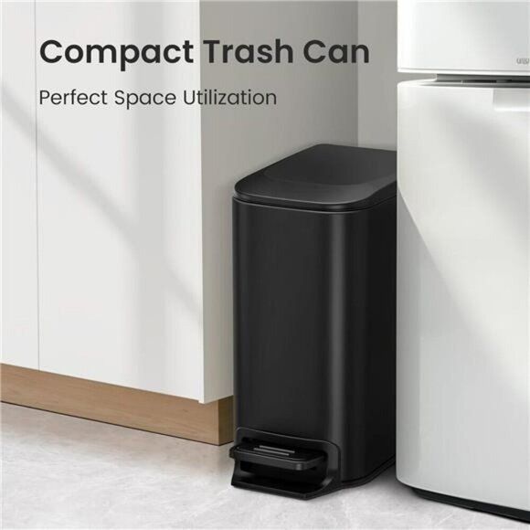 Small Black Bathroom Trash Can with Lid Step Pedal Soft Close Slim Garbage Bin - Picture 4 of 7